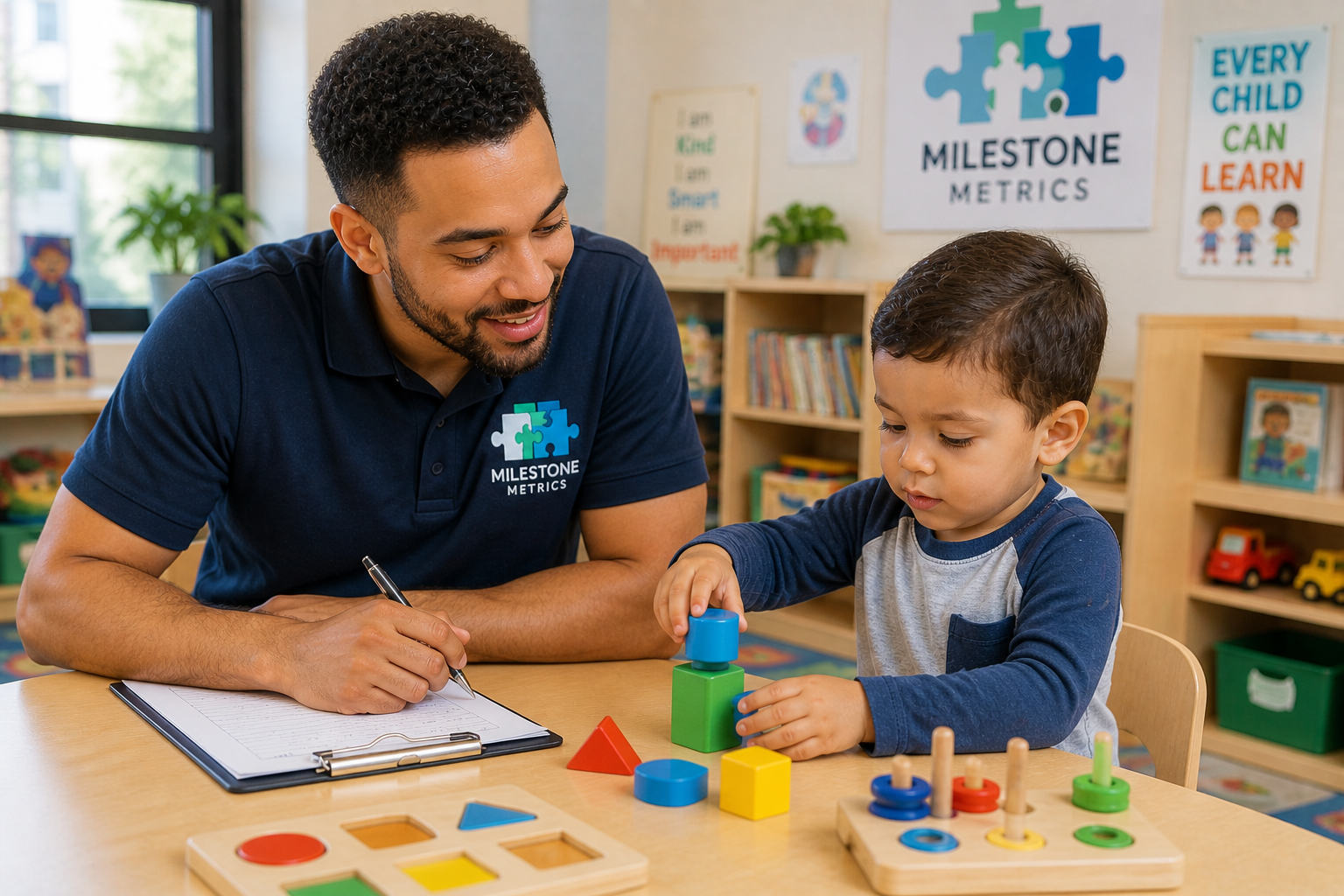 Milestone Metrics specialist engaging a toddler in a play-based assessment that feels natural, supportive, and child-led
